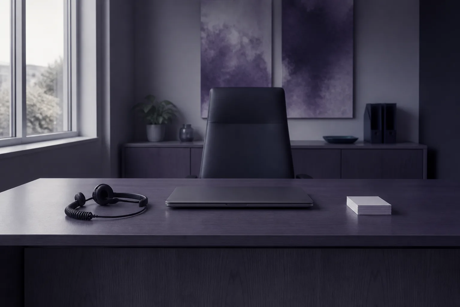An empty prospecting desk with a closed laptop and a stack of blank cards — the gap an outbound AI SDR fills, where the conversation has not started yet.
