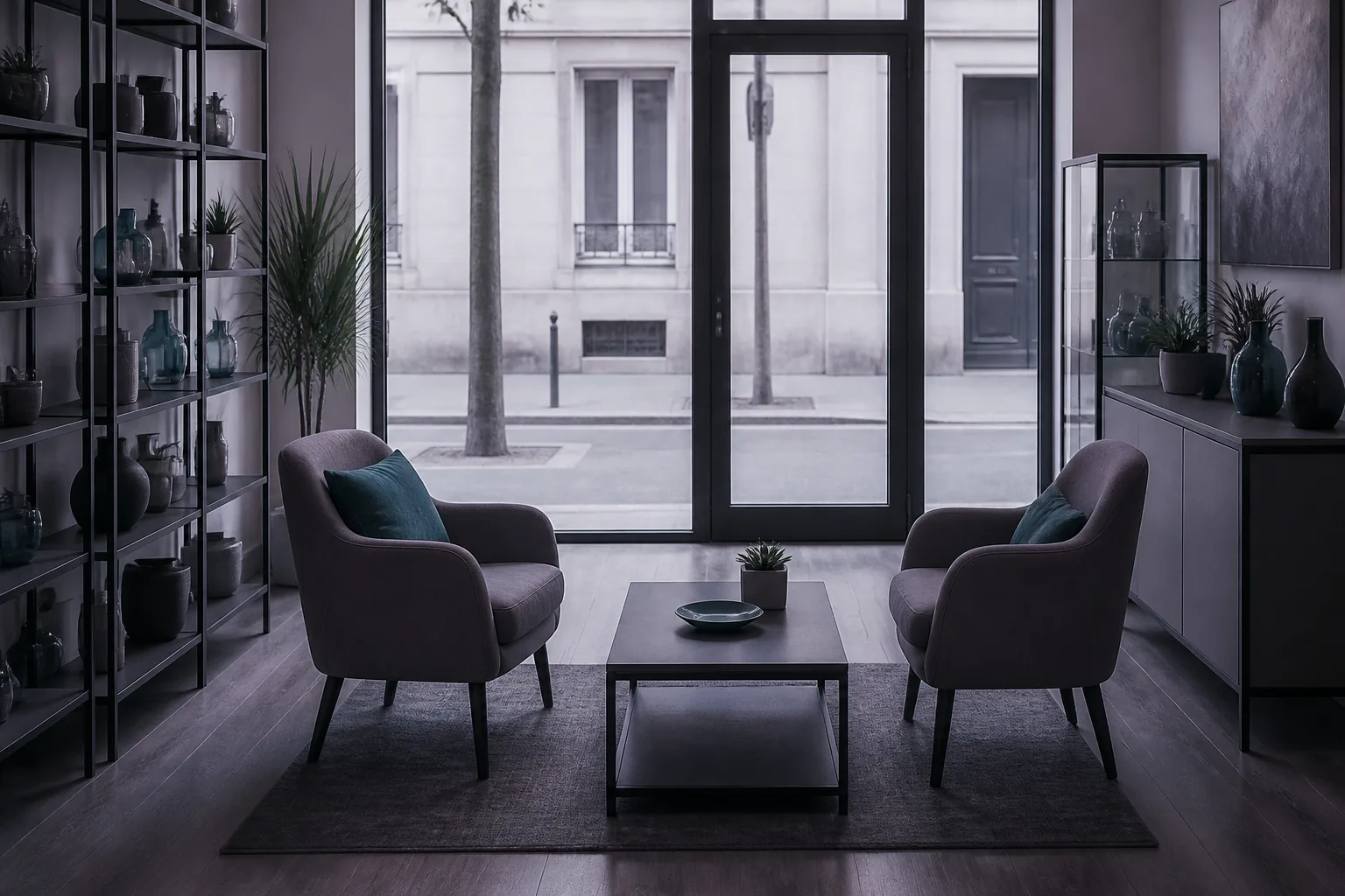 Two empty chairs facing each other in a shopfront consulting corner — the inbound conversations TOPPP is built to carry through to a close.