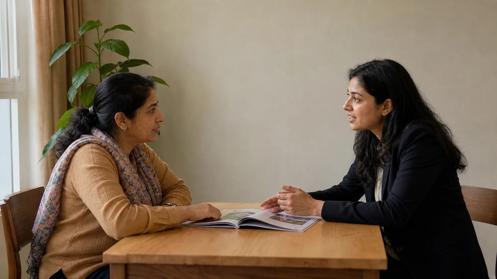 A one-to-one consultation table with tea half drunk and a course brochure still open — the trial booking often stops inside that first conversation.