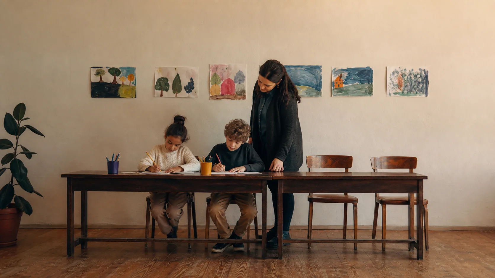 An empty evening classroom with one backpack left on a middle-row desk — a booked trial is not an attended one, and the empty seat goes unchased.