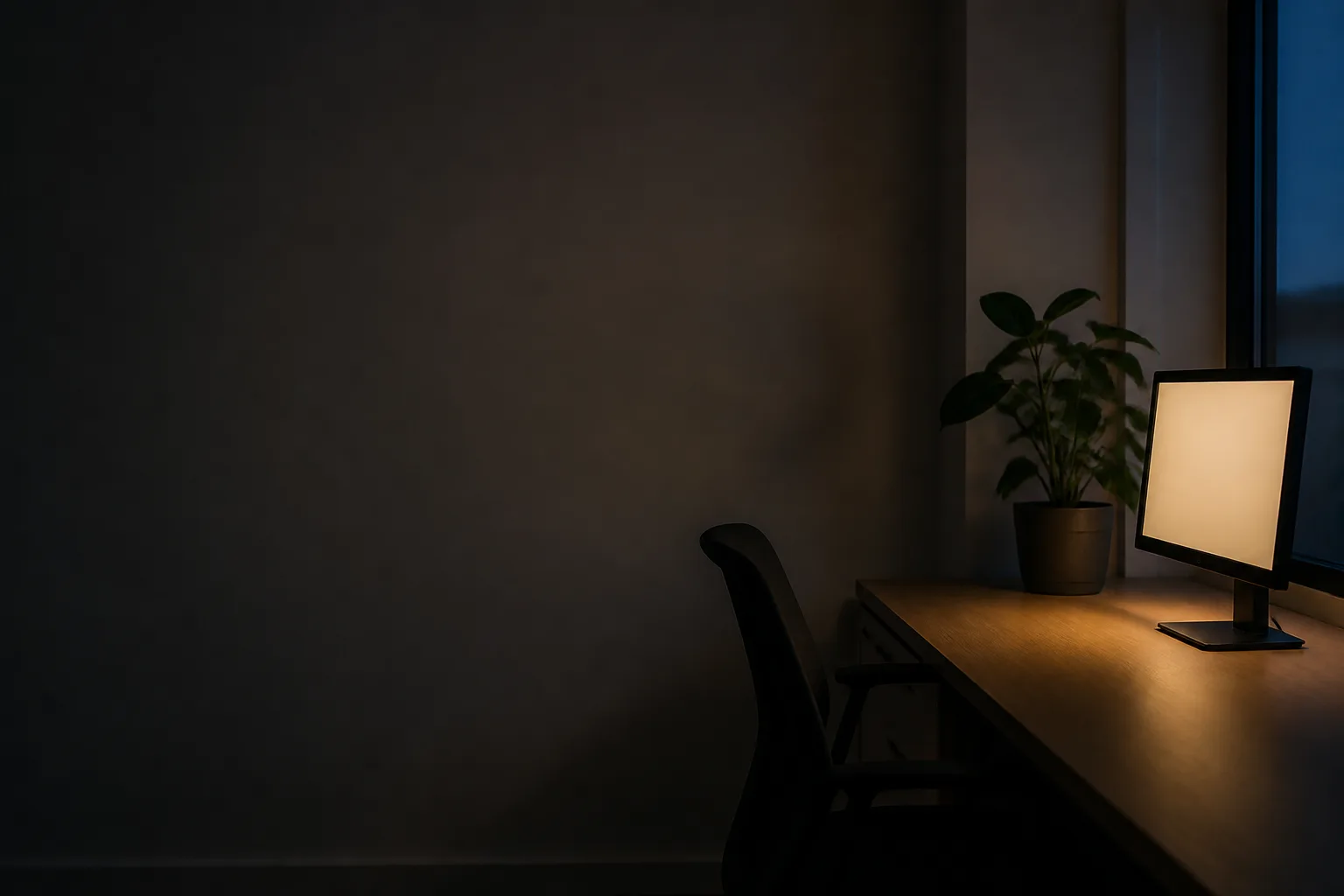 A tutoring centre back office late at night, one monitor still on and casting cool light across an empty desk — the repeatable, always-on, evidence-backed work goes to the AI.