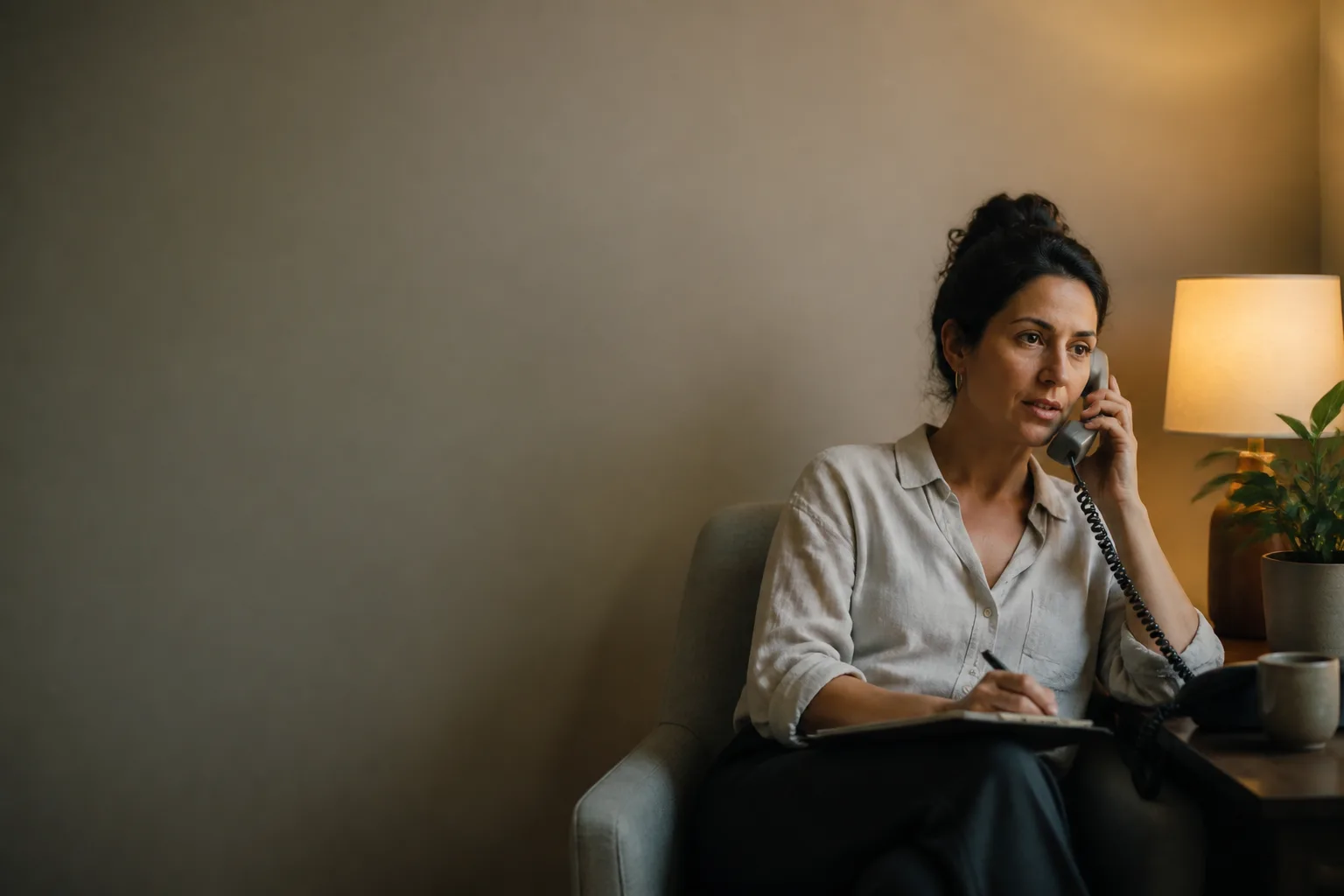 A quiet consultation corner with an armchair pulled out, a lamp on and the desk phone lifted — promises, refunds and heated conversations stay with a person.