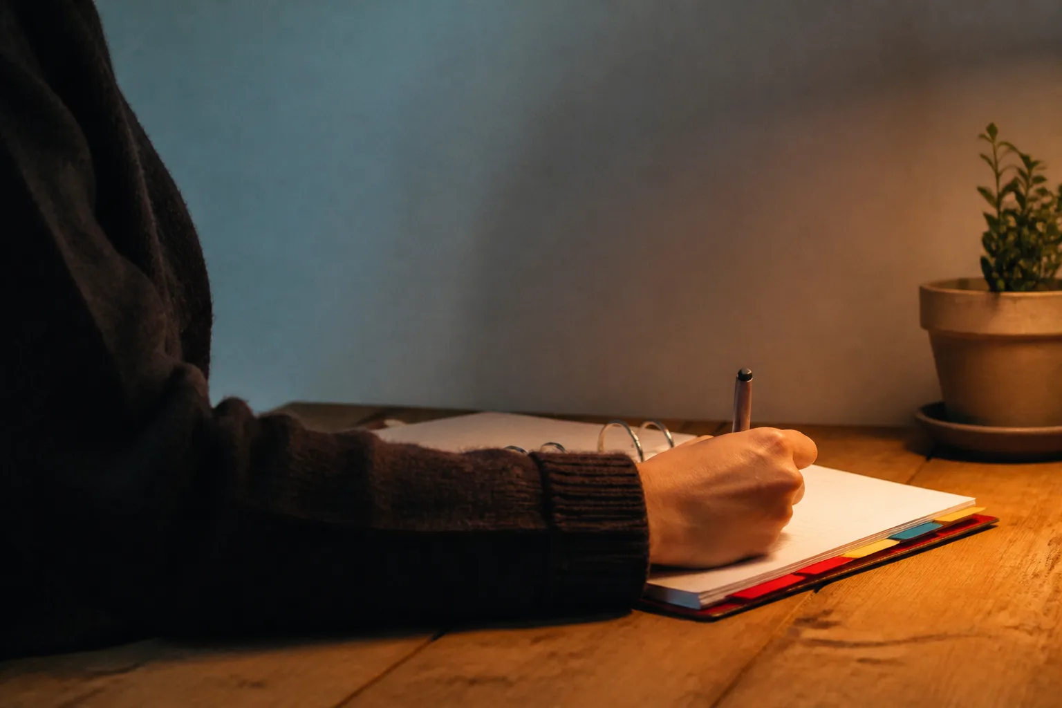 A ring binder open under a desk lamp, its pages dense with handwriting — your best counsellor's admissions sequence written down as a playbook that can be copied.