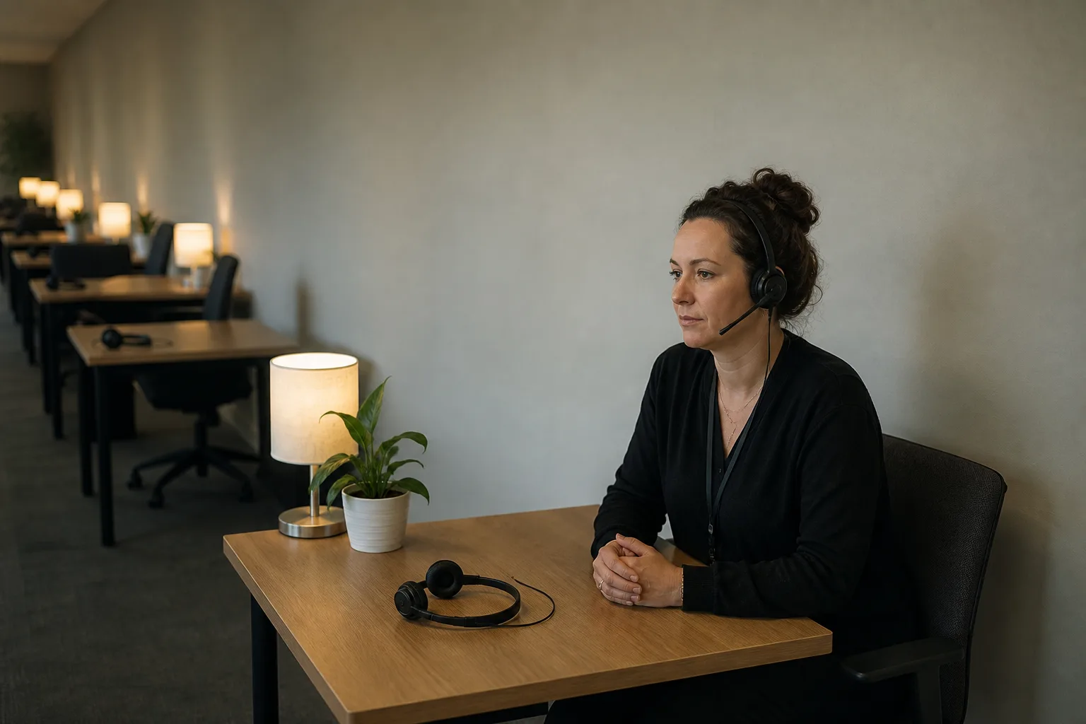 Four identical consultation desks in a row, each headset resting in the same place — one set of habits copied across every seat.
