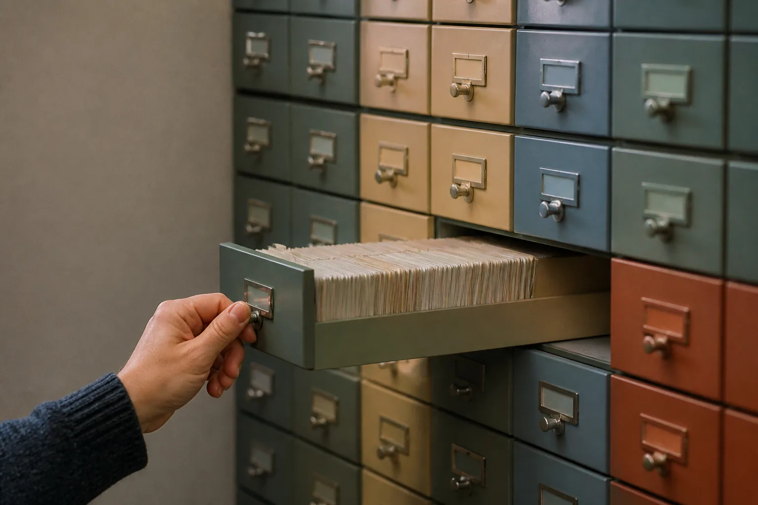 A wall of archive drawers with one pulled open on tightly packed record cards — every conversation kept, replayable and shared across the team.