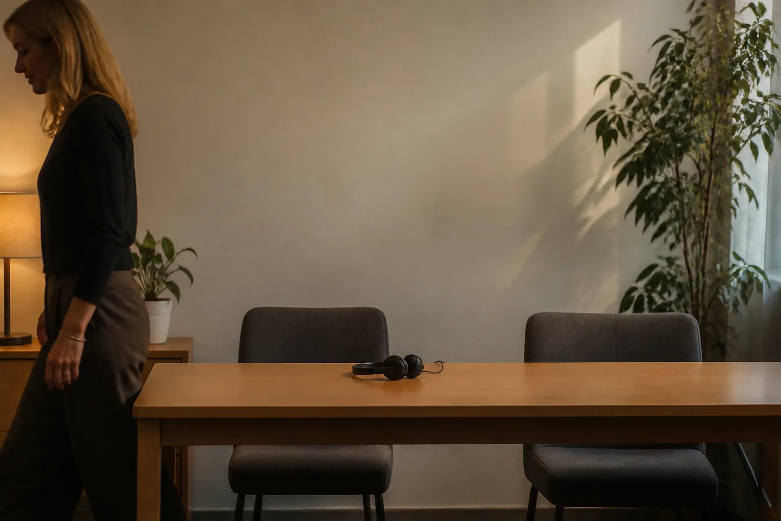 One desk with two chairs side by side and a single headset between them — the handover between the AI and a person happens in the back office.