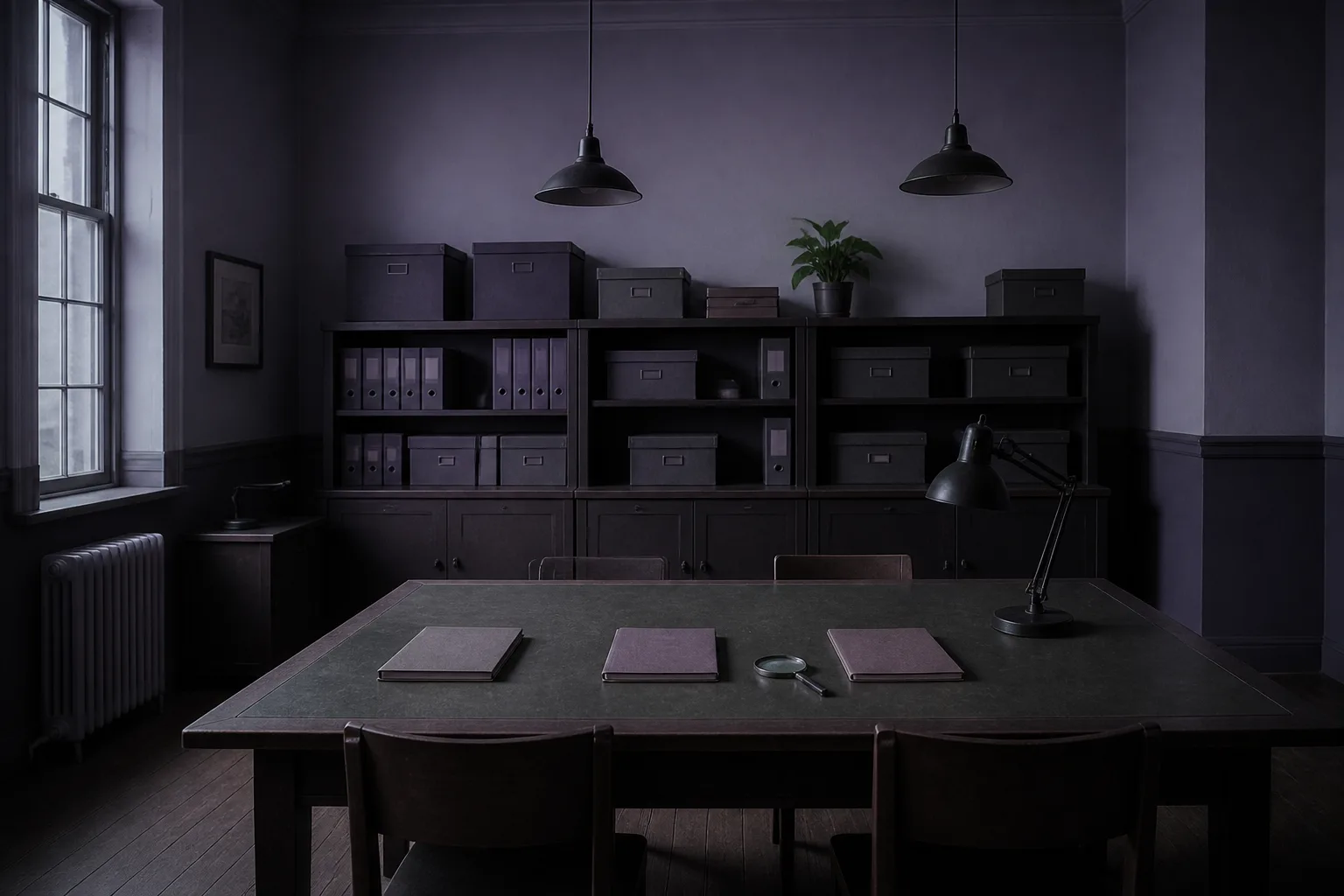 An empty underwriting review room in an insurance office with unopened application folders on the table