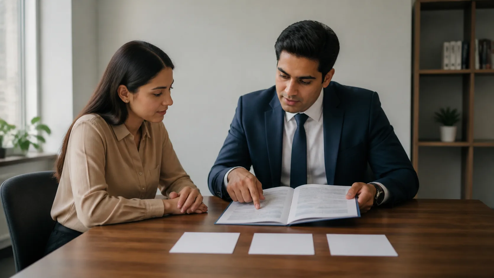 An insurance advisor explains application materials and policy terms to a customer