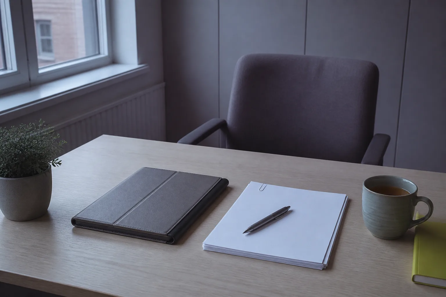 An empty webinar booking desk with a closed tablet and blank sheets waiting for course follow-up notes