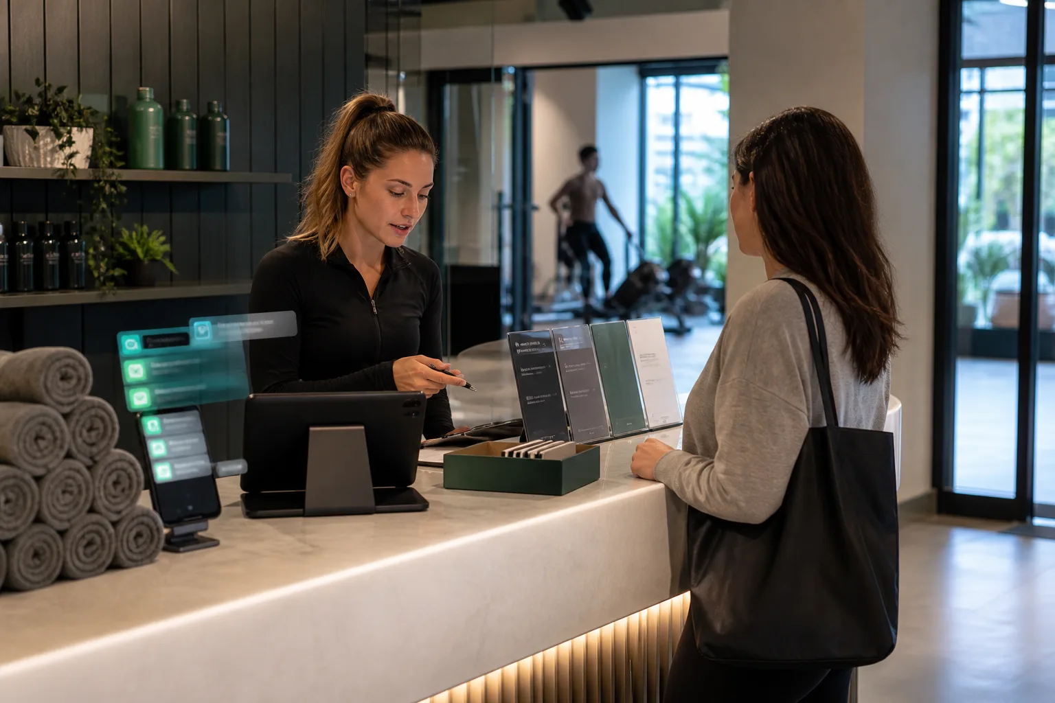 A shop front desk where the receptionist is serving a walk-in while DM, WeCom and website enquiries light up a tablet and a phone