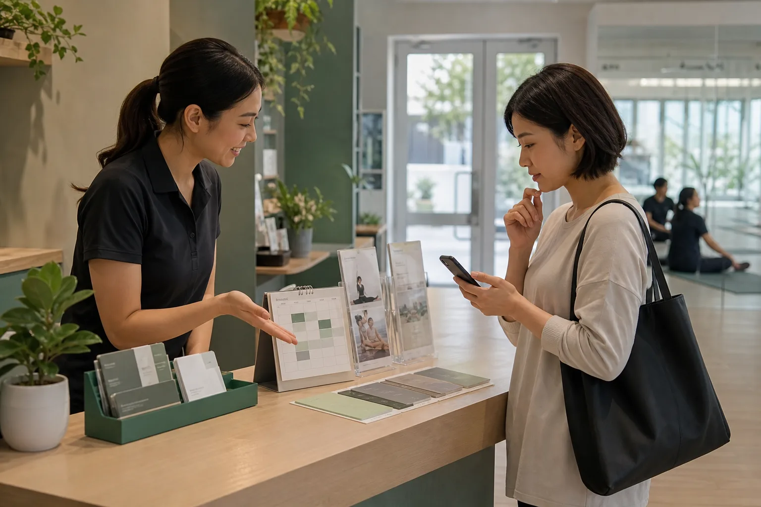 A receptionist walking a customer through the appointment calendar and package options while they compare prices on their phone