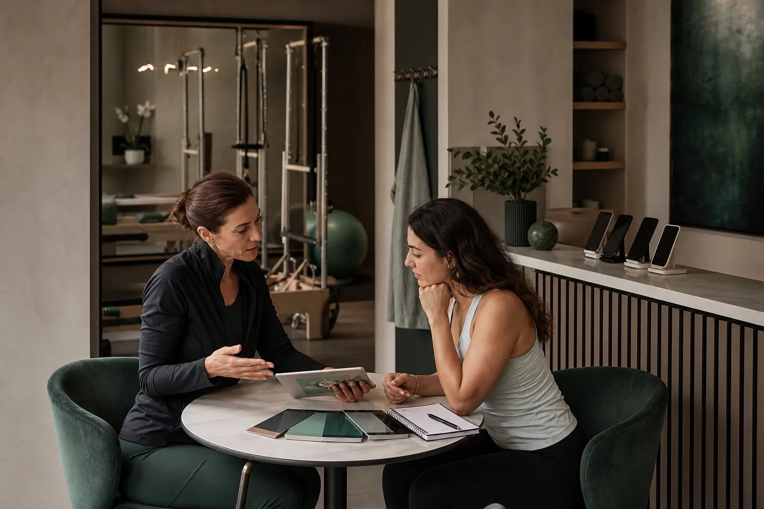 A store manager closing in person at a consultation table while online enquiries wait on the front desk