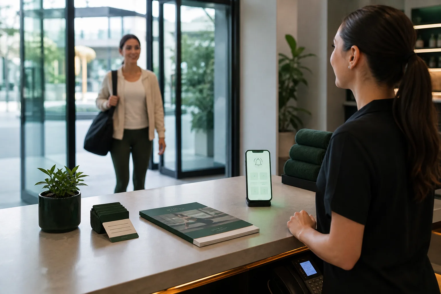 Expiring membership cards and an unused class package on a reception counter as a returning customer comes through the glass door