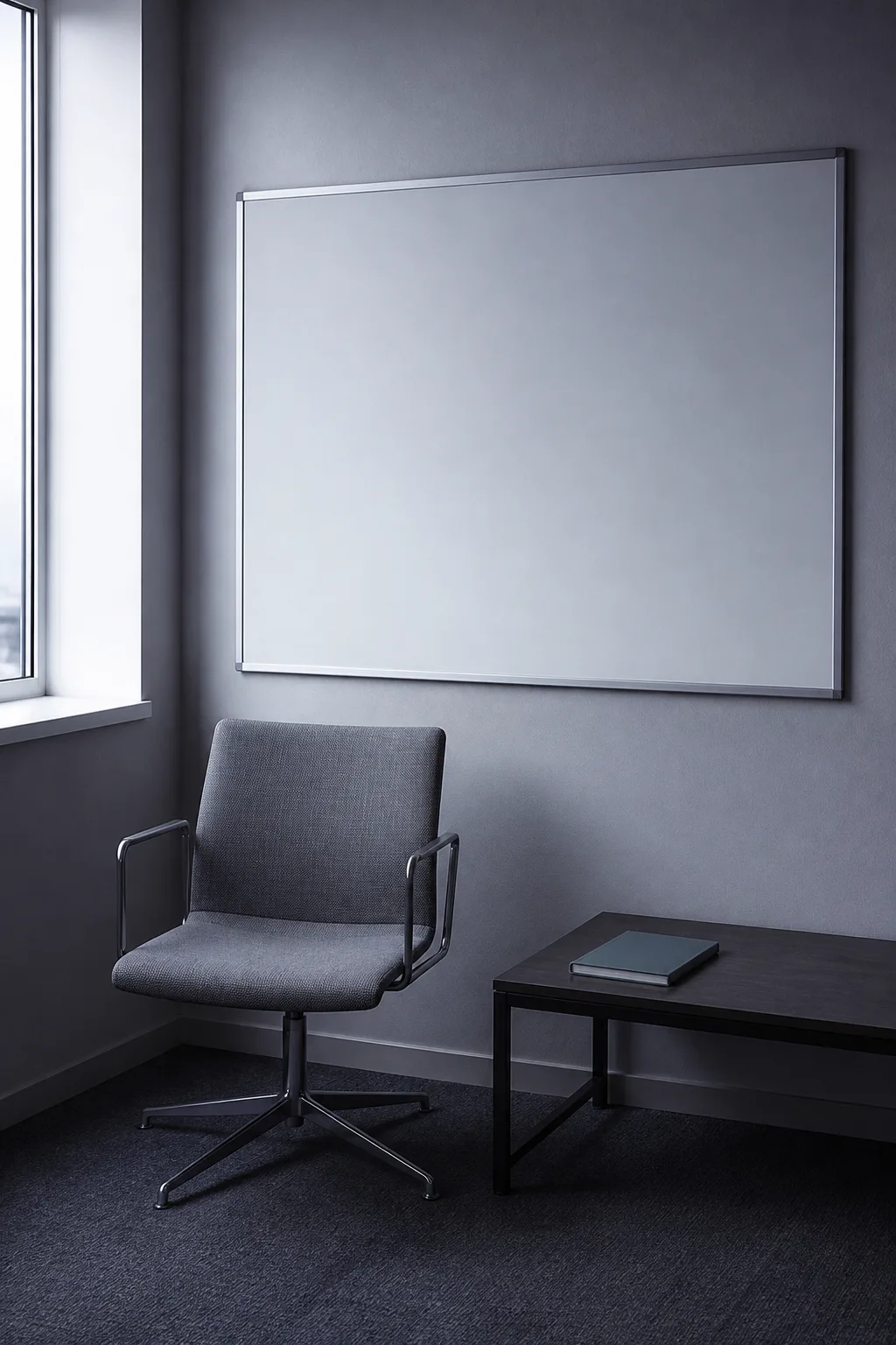 A wiped-clean whiteboard and an empty chair in a quiet office: answer these five questions yourself before choosing build or buy.