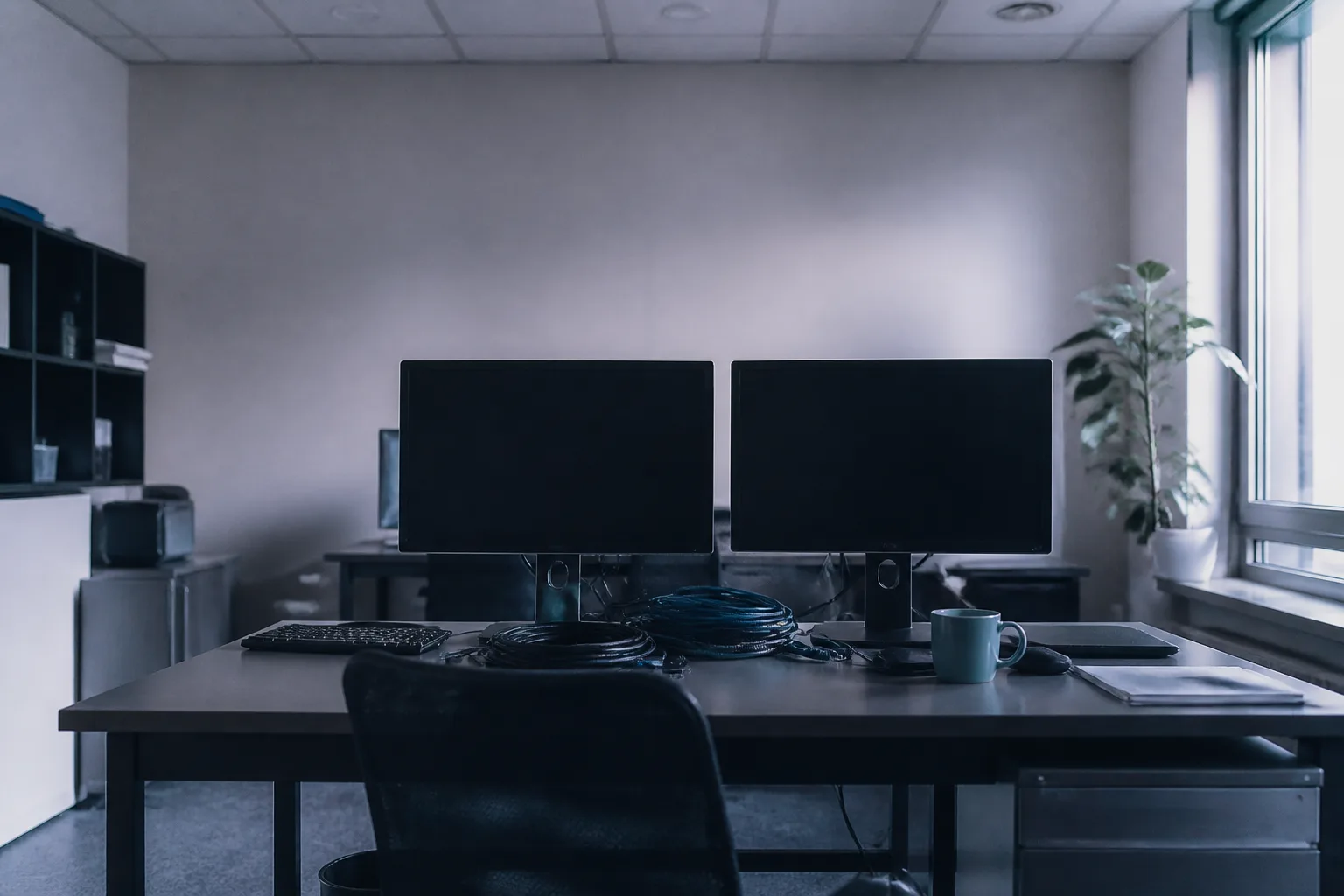 An engineer's empty desk with two dark monitors: building an AI sales agent yourself puts years of maintenance on your own headcount.
