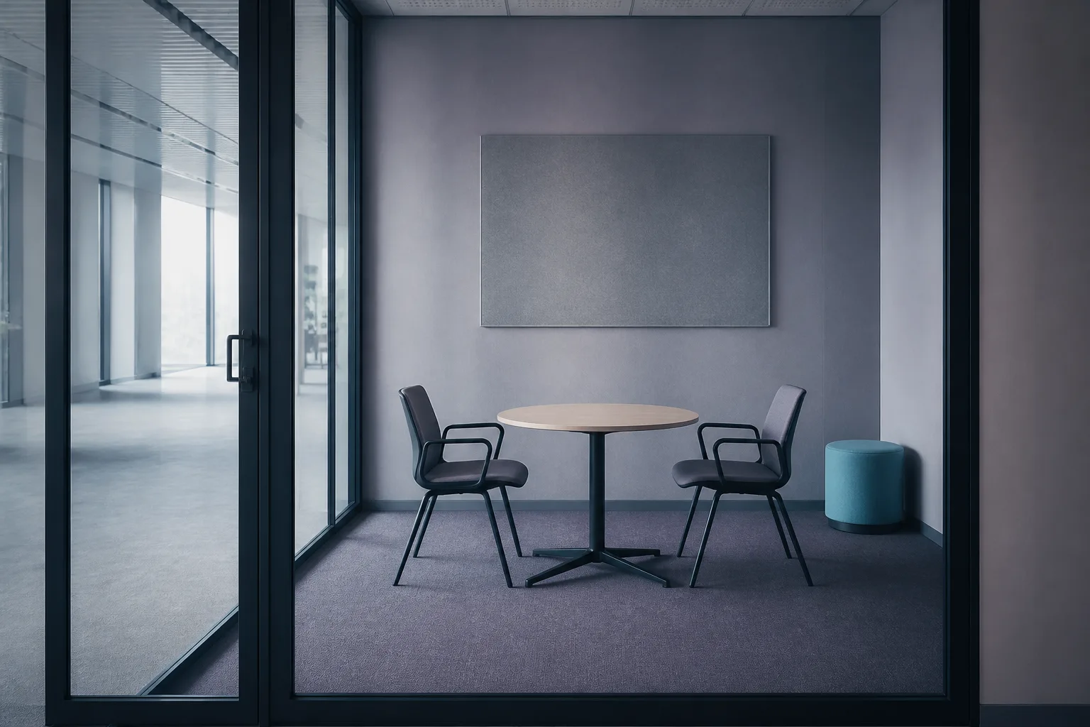 A small glass-walled discussion room with two chairs: customising on a platform keeps your playbook, roles, standards and line yours.