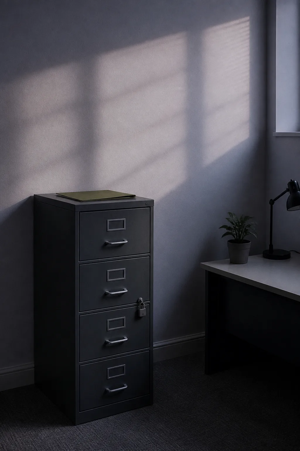 A locked filing cabinet beside a desk, standing for where AI sales conversation data is stored and who may reach it