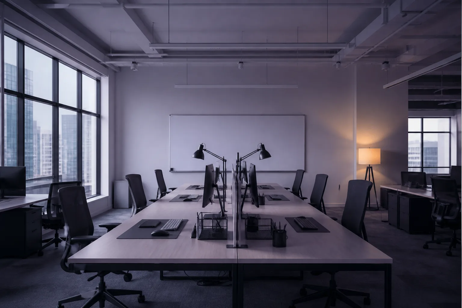 A long shared table in an open-plan sales office — the follow-up across days that needs a digital worker holding the job.