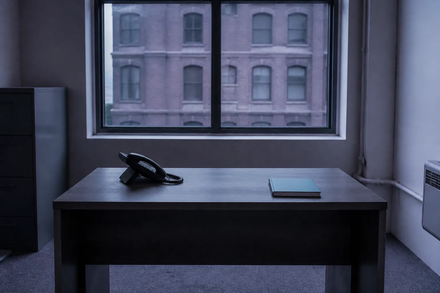 A desk holding one phone and a closed notebook: a plain FAQ bot or one-off outreach has no use for stages and entry conditions.