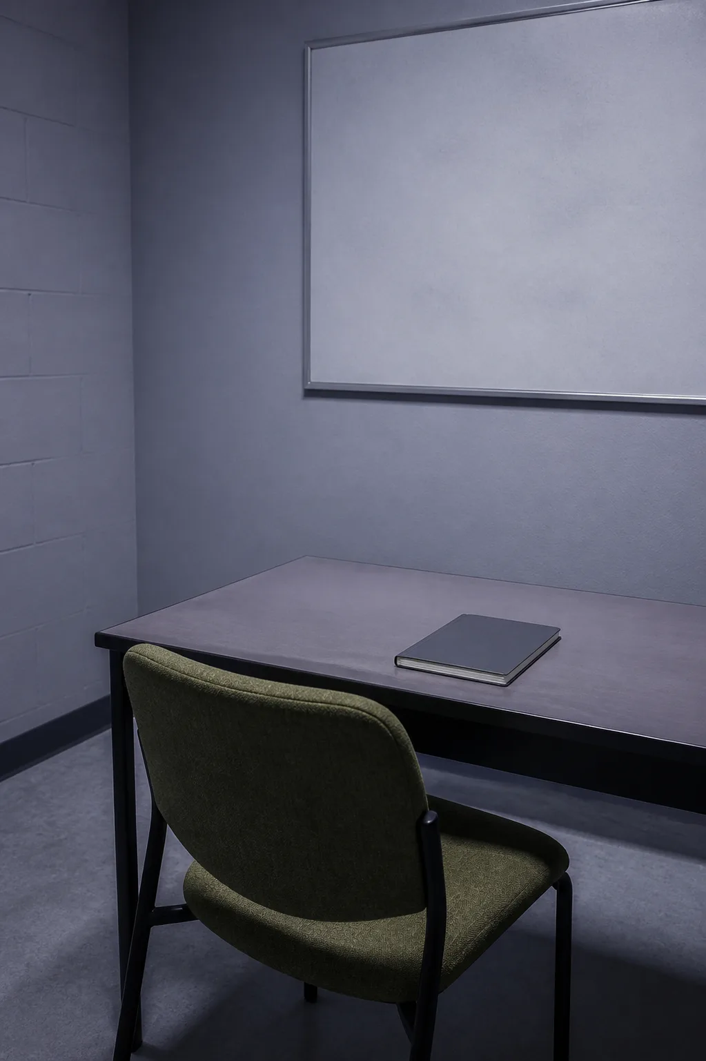 An empty interview room with one chair and a closed notepad: the human-takeover questions worth putting to any AI sales vendor.