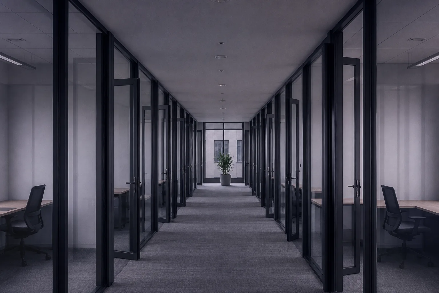 An empty office corridor lined with separate single-person rooms: booking, follow-up and Q&A each hold their own role behind one reply.