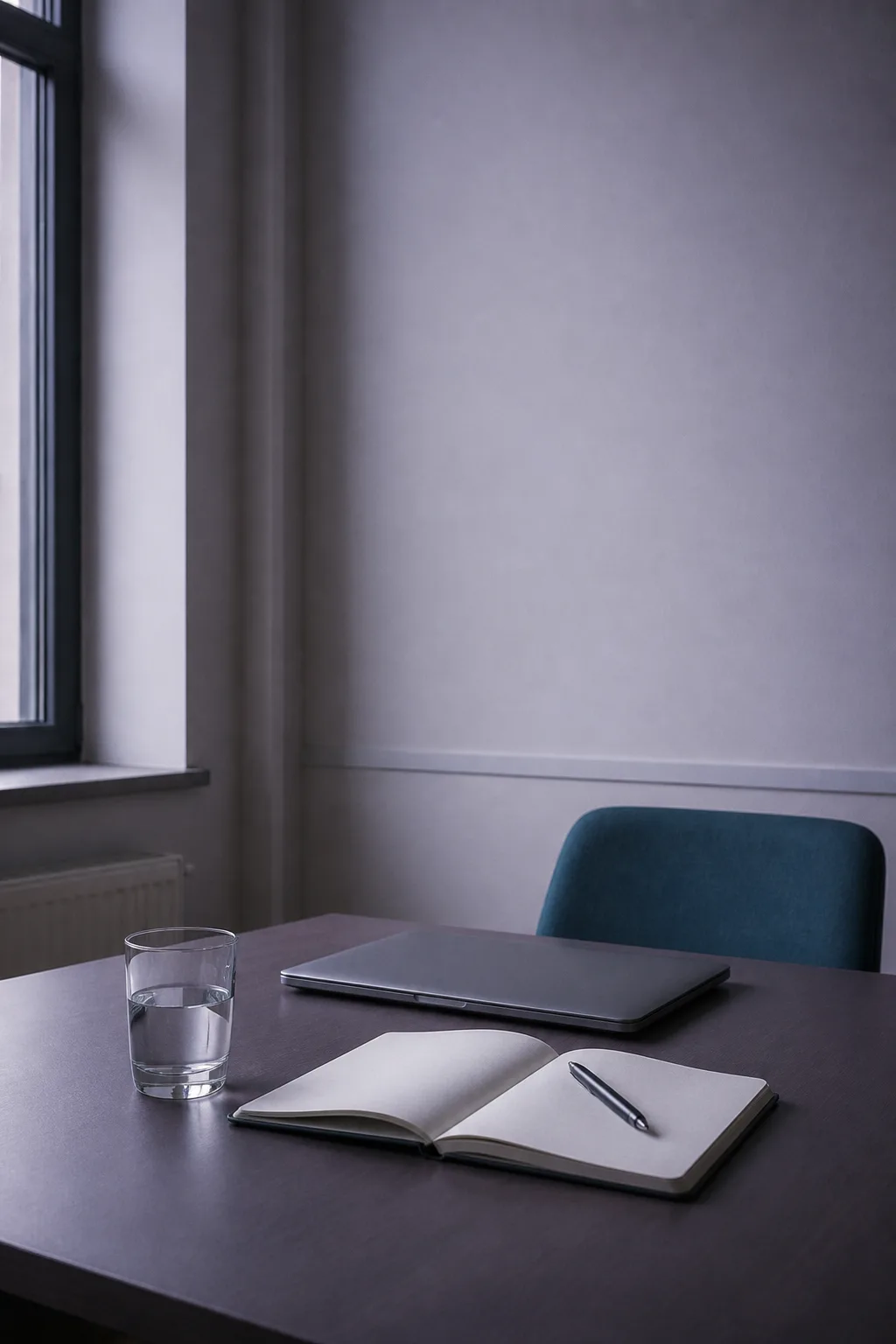 A quiet desk corner in a small meeting room — a closed laptop, an open blank notebook and a pen — set up to work through the five demo checks.