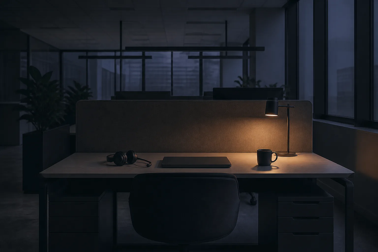 An empty support desk with a headset beside a closed laptop — a customer service system ends at the answer