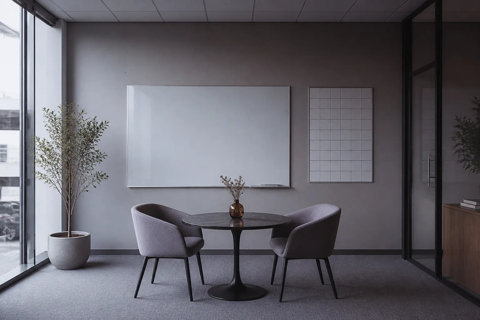 An empty consulting corner with two chairs and a blank whiteboard — a sales team keeps working your playbook after the answer