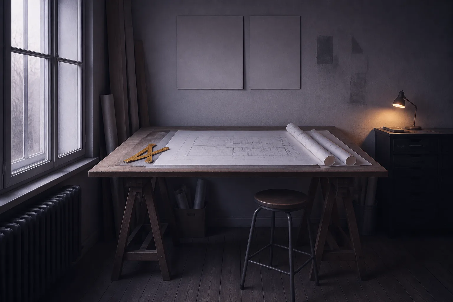 Rolled floor plans and a folding ruler on a home-renovation drafting table — structure, pricing and contracts stay with people.