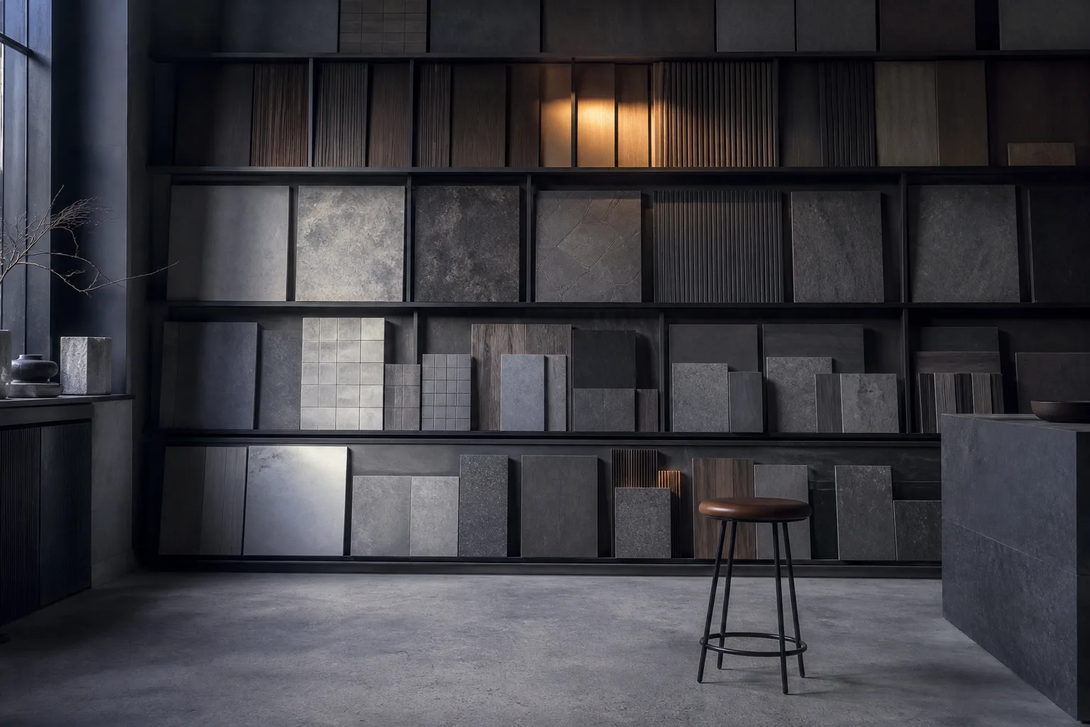 A wall of tile and timber samples in a renovation showroom — complaints and schedule disputes go straight to a human, with every turn replayable.